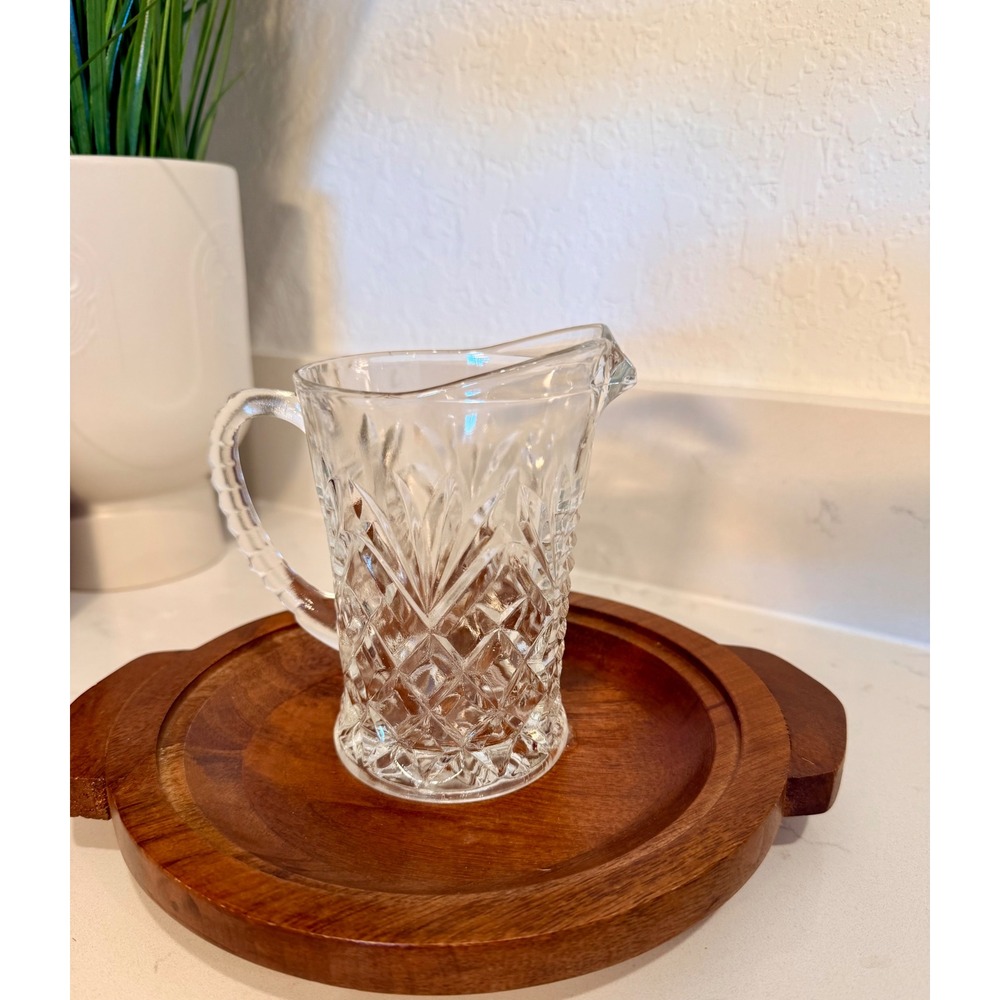 Vintage Clear Pressed Glass Creamer Pitcher Diamond Point Sunburst Pattern 4.5in